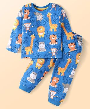 Babyhug Cotton Knit Full Sleeves Night Suit Set with Animal Print - Blue
