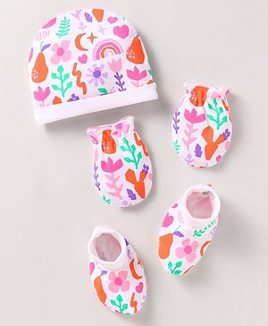 Babyhug 100% Cotton Knit Cap Mittens & Booties Set with Floral Print White - Diameter 11 cm