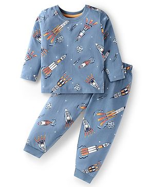 Babyhug Cotton Knit  Full Sleeves Rocket Printed Night Suit -  Blue