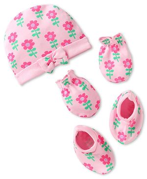 Babyhug 100% Cotton Knit Cap Mittens & Booties Set with Bow Applique & Floral Print Pink - Diameter 10 cm