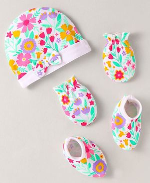 Babyhug Interlock Knit Floral Print Cap Mittens &  Booties - White Purple Pink