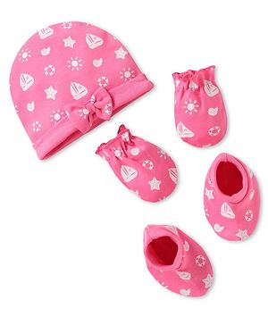 Babyhug 100% Cotton Knit Cap Mittens & Booties Set with Bow Applique & Nautical Theme Print Pink - Diameter 10 cm