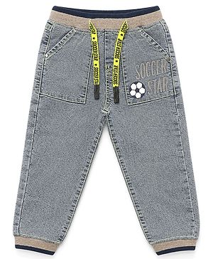 Babyhug Cotton Mix Full Length Denim Washed Joggers With Stretch in Grey