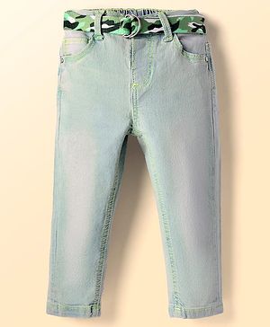 Babyhug Denim Full Length Washed Jeans With Stretch & Belt - Light Blue