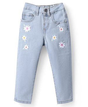 Babyhug Denim Full Length Washed Jeans With Stretch & Floral Embroidery - Light Blue