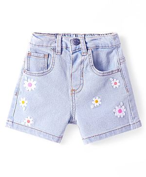 Babyhug Mid Thigh Washed Denim Shorts With Floral Embroidery & Stretch - Light Blue