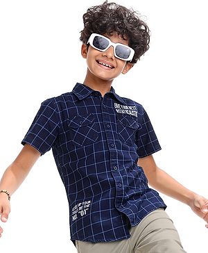 Pine Kids Denim Washed Woven Half Sleeves Check Shirt with Text Print - Navy Blue