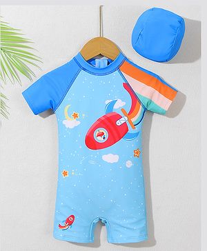 Babyhug Half Sleeves Legged Swimsuit with Cap Rocket Print - Light Blue