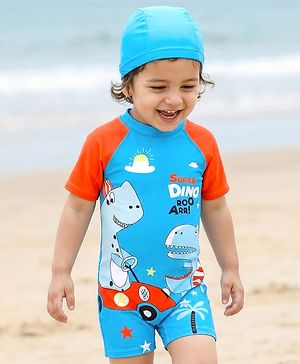 Babyhug Half Sleeves Legged Swimsuit with Cap Dino Print - Blue
