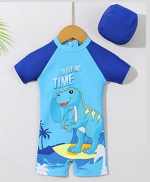 Babyhug Half Sleeves Legged Swimsuit with Cap Dino Print - Blue