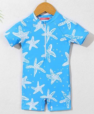 Babyhug Half Sleeves Legged Swimsuit with  Star Print - Blue