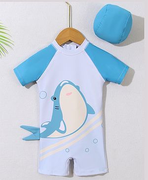 Babyhug Half Sleeves Legged Swimsuit with Cap  Dolphin Print - Blue