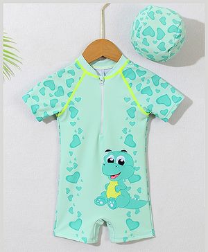 Babyhug Half Sleeves Legged Swimsuit with Cap Dino Print - Green