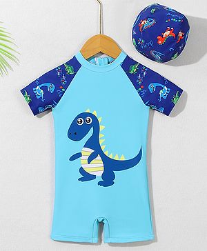 Babyhug Half Sleeves Legged Swimsuit with Cap Dino Print - Blue