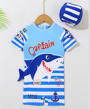 Babyhug Half Sleeves Legged Swimsuit with Cap Shark Print - Blue