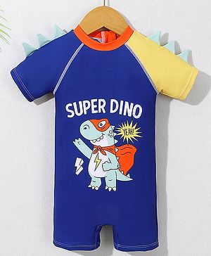 Babyhug Half Sleeves Legged Swimsuit with  Dino Print - Navy Blue