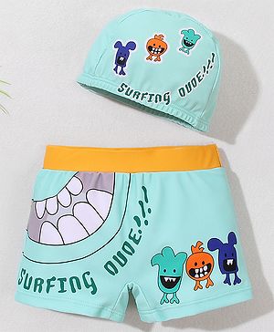 Babyhug Swimming Trunk with Cap Cartoon Print - Green