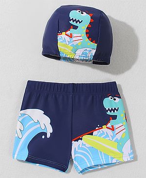 Babyhug Swimming Trunk with Cap Dino Print - Navy Blue