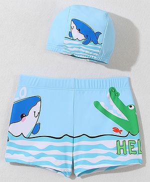 Babyhug Swimming Trunk with Cap Dolphin Print - Light Blue