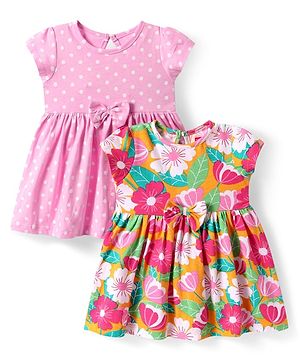 Babyhug Single Jersey Knit Half Sleeves Polka Dots & Floral Printed Dresses With Bow Applique Pack of 2 - Pink