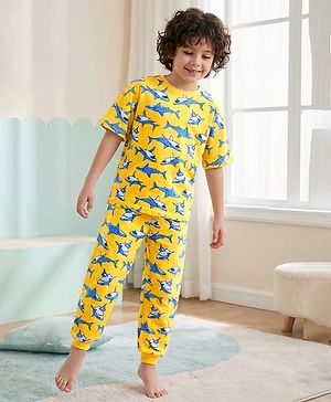 Pine Kids Single Jersey Knit Half Sleeves Night Suit With Shark Print - Yellow