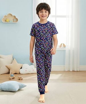 Pine Kids Single Jersey Knit Half Sleeves Night Suit with Star Print - Navy Blue