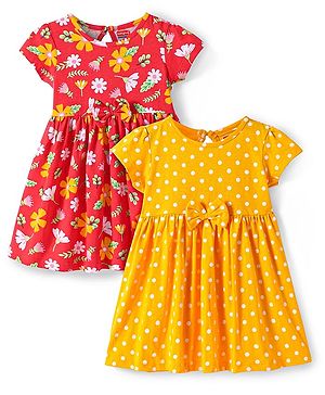 Babyhug Single Jersey Knit Half Sleeves Dresses with Bow Applique Polka Dots & Floral Print Pack of 2 - Red & Yellow