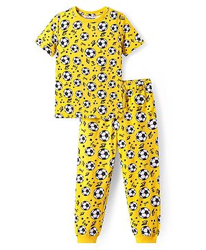 Pine Kids Single Jersey Knit Half Sleeves Night Suit with Football Print - Yellow