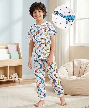 Pine Kids Single Jersey Knit Half Sleeves Night Suit with Dino Print - Blue White & Orange