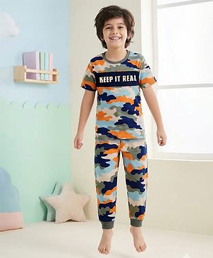 Pine Kids Single Jersey Knit Half Sleeves Co-ords Cut & Sew Night Suit with Camouflage - Multicolor