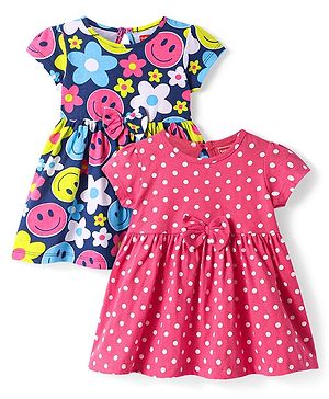 Babyhug Single Jersey Knit Half Sleeves Floral & Polka Dots Printed Frocks with Bow Applique Pack of 2 - Blue & Pink