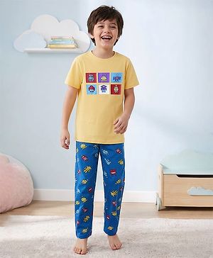 Pine Kids Single Jersey Knit Half Sleeves Night Suit with Robot Print - Yellow & Blue