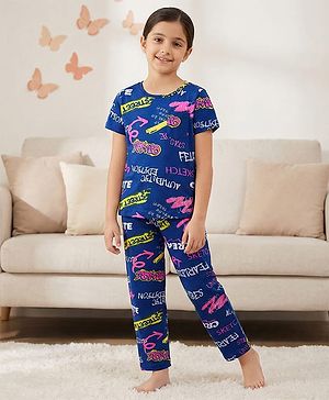 Pine Kids Single Jersey Knit Half Sleeves Night Suit With Text Print - Navy Blue