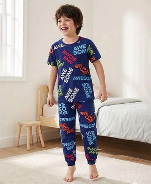 Pine Kids Single Jersey Knit Half Sleeves Night Suit With Awesome Print - Navy Blue