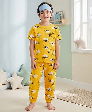 Pine Kids Single Jersey Knit Half Sleeves Night Suit with Dino Print - Yellow