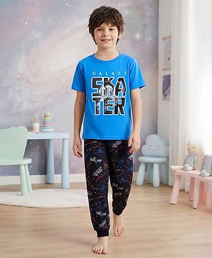 Pine Kids Single Jersey Knit Half Sleeves Night Suit with Skating Print - Blue