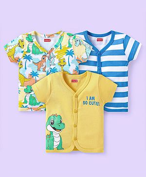 Babyhug Interlock Knit Half Sleeves Front Open Vests with Dino Print & Stripes Pack of 3 - Yellow & White