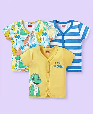 Babyhug Interlock Knit Half Sleeves
                              Front Open jhablas with Dino Print &
                              Stripes Pack of 3 - Yellow & White