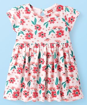 Babyhug Cotton Knit Half Sleeves Frock with Floral Print - Pink