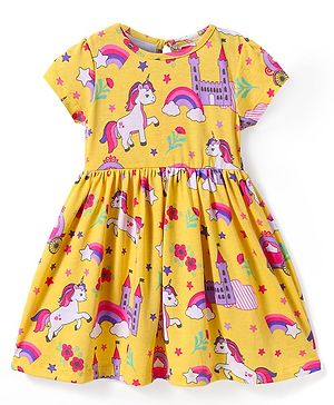 Babyhug Cotton Knit Half Sleeves Frock with Unicorn Print - Yellow