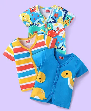 Babyhug 100% Cotton Knit Half Sleeves
                              Front Open Striped jhablas with Dino Print
                              Pack of 3 - Blue Yellow & Red