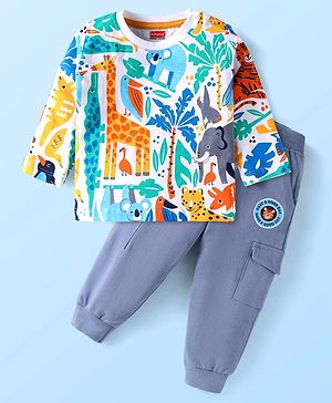 Babyhug Terry Knit Full Sleeves T-Shirt & Lounge Pant Set With Animal Print & Patch - White & Light Blue