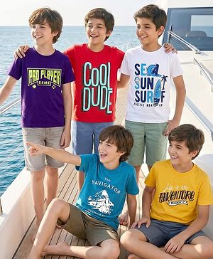 Pine Kids Cotton Knit Half Sleeves T-Shirts With Cool Dude Text Print Pack Of 5 - Red Yellow & Blue