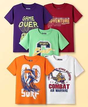 Pine Kids Cotton Knit Half Sleeves T-Shirts With Game Over Text Print Pack Of 5 - Red Light Green & White