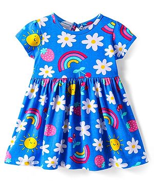 Babyhug Single Jersey Knit Half Sleeves Floral Printed Frock - Blue