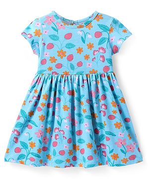 Babyhug Cotton Knit Half Sleeves Floral Printed Frock - Light Blue
