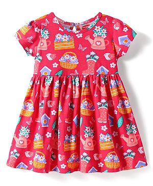 Babyhug Cotton Knit Half Sleeves Frock With Floral Print - Red