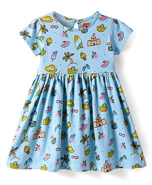 Babyhug Cotton Knit Half Sleeves Frock With Beach Theme Print - Light Blue