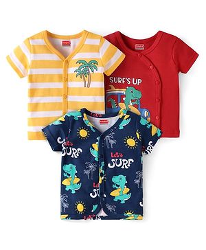 Babyhug Interlock Knit Half Sleeves Front Open Vests with Beach Theme Print & Stripes Pack of 3 - Red Navy Blue & White