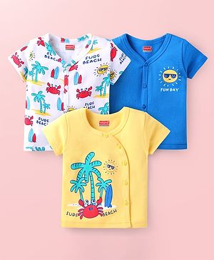 Babyhug 100% Cotton Woven Half Sleeves Front Open Vest with Beach Theme Print Pack Of 3 - Blue White & Yellow